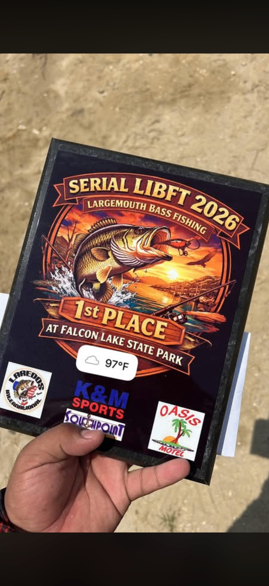 Serial LIBFT 2026 1st Place plaque at Falcon Lake State Park
